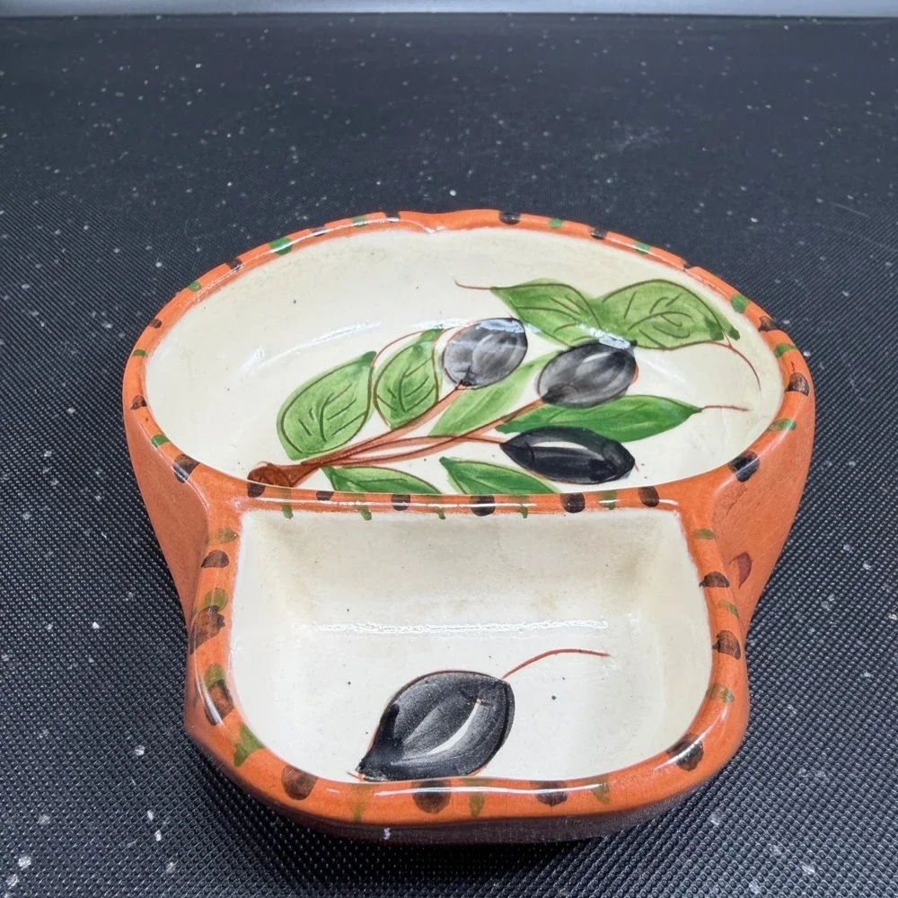Olaria Oliverio Dourado Portugal Hand Painted Ceramic Olive Divided Serving Dish